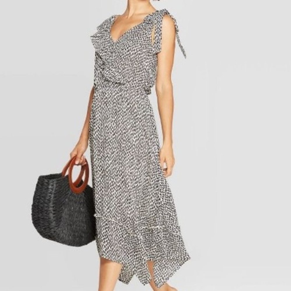 Dash Print Sleeveless Ruffled V-Neck Midi Dress